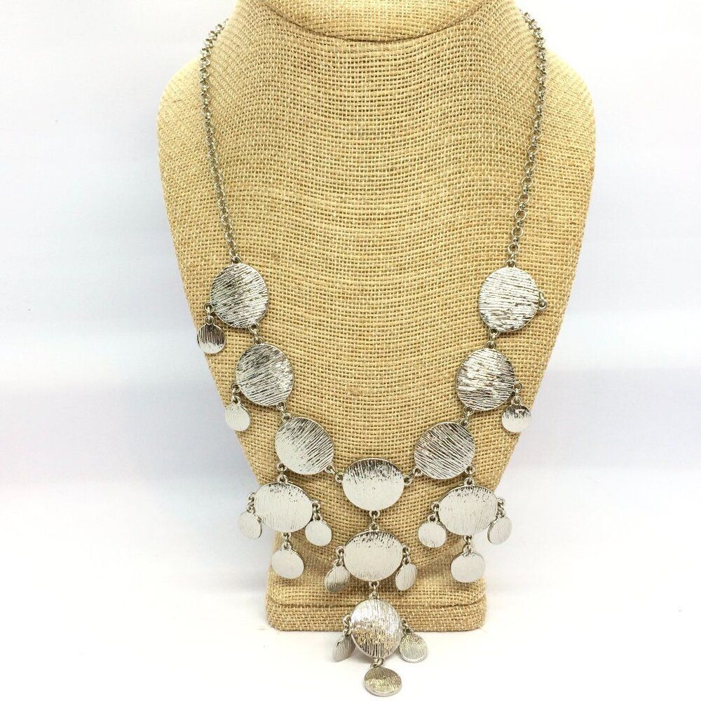 VINTAGE SILVER TONE DISC BIB NECKLACE DANGLE MODERNIST STATEMENT BOHO